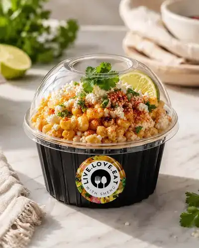 Street corn elote cup topped with cotija, chili and lime
