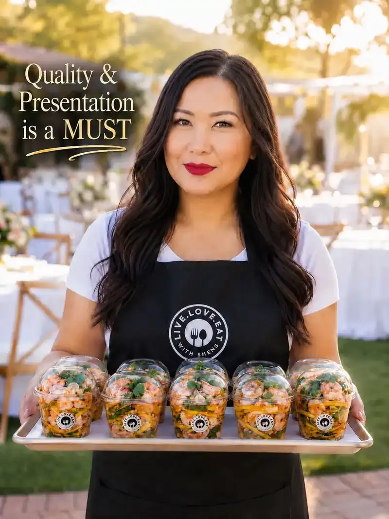 Sheng holding a tray of shrimp mango salad cups at an outdoor event